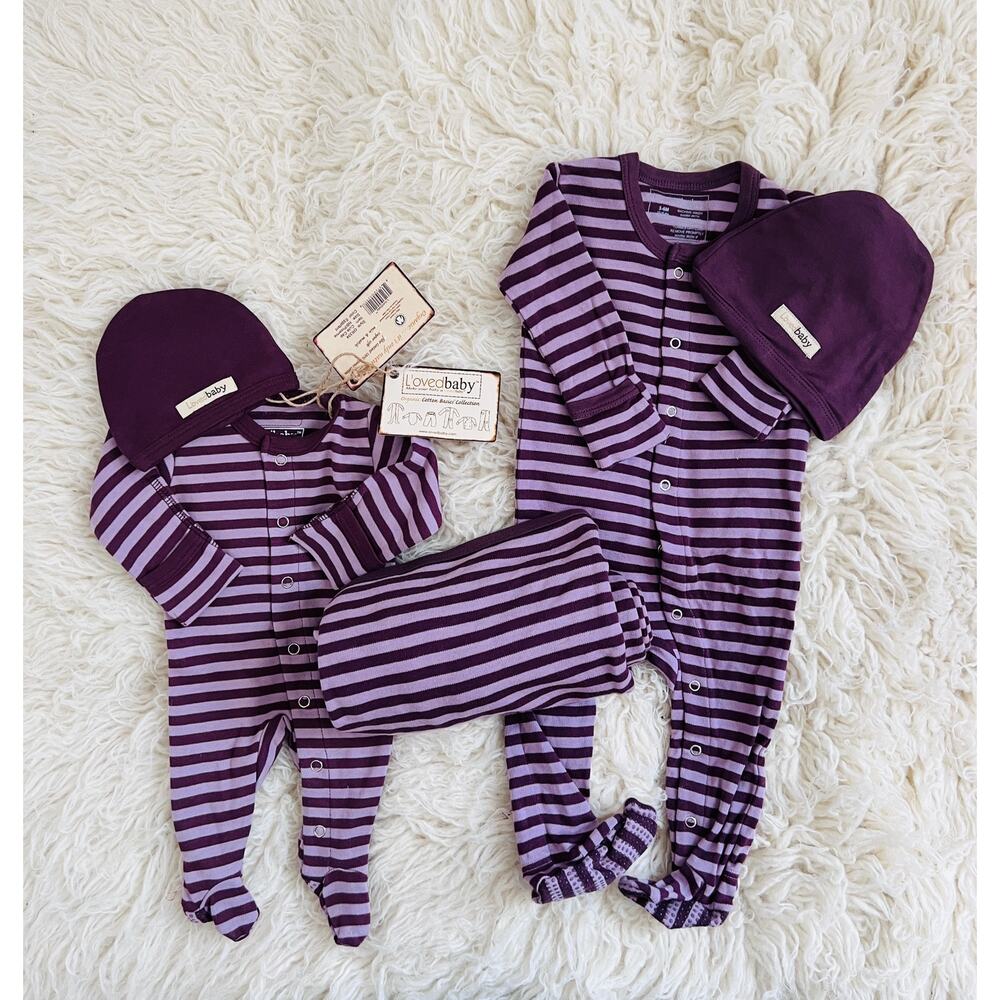 Lovedbaby Organic Cotton Eggplant Stripe Baby Lot 5pc NB-6M 
Sleeper Blanket Hat